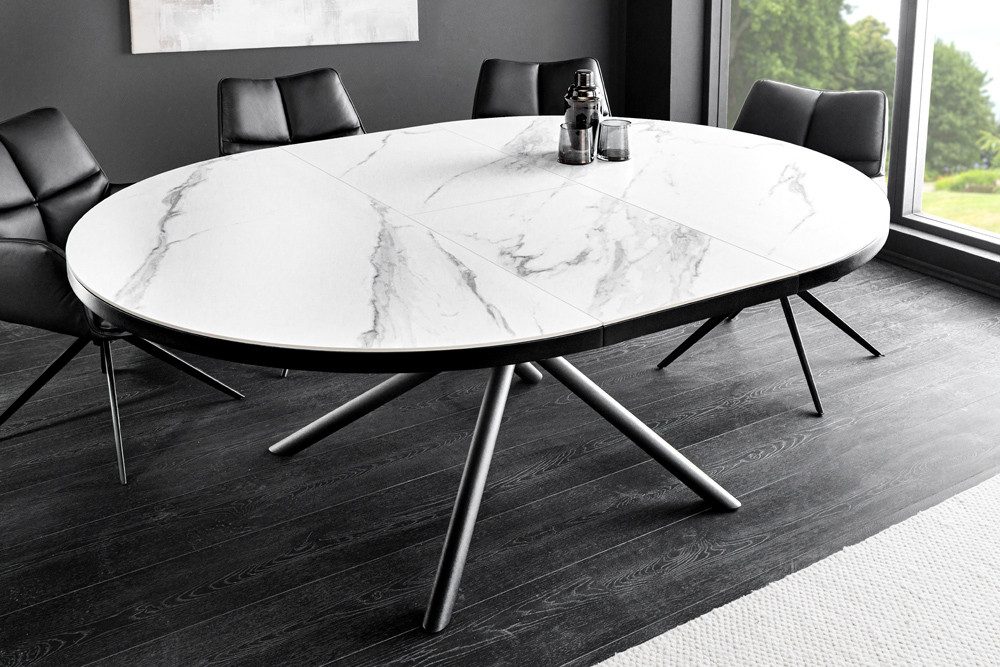 riess-ambiente Esstisch MIKADO 120–160cm weiß/schwarz - Keramik, oval, ausziehbar, 6 Personen (Einzelartikel, 1-St), Sterngestell aus Metall & Marmor-Design - ideal für Dein Esszimmer