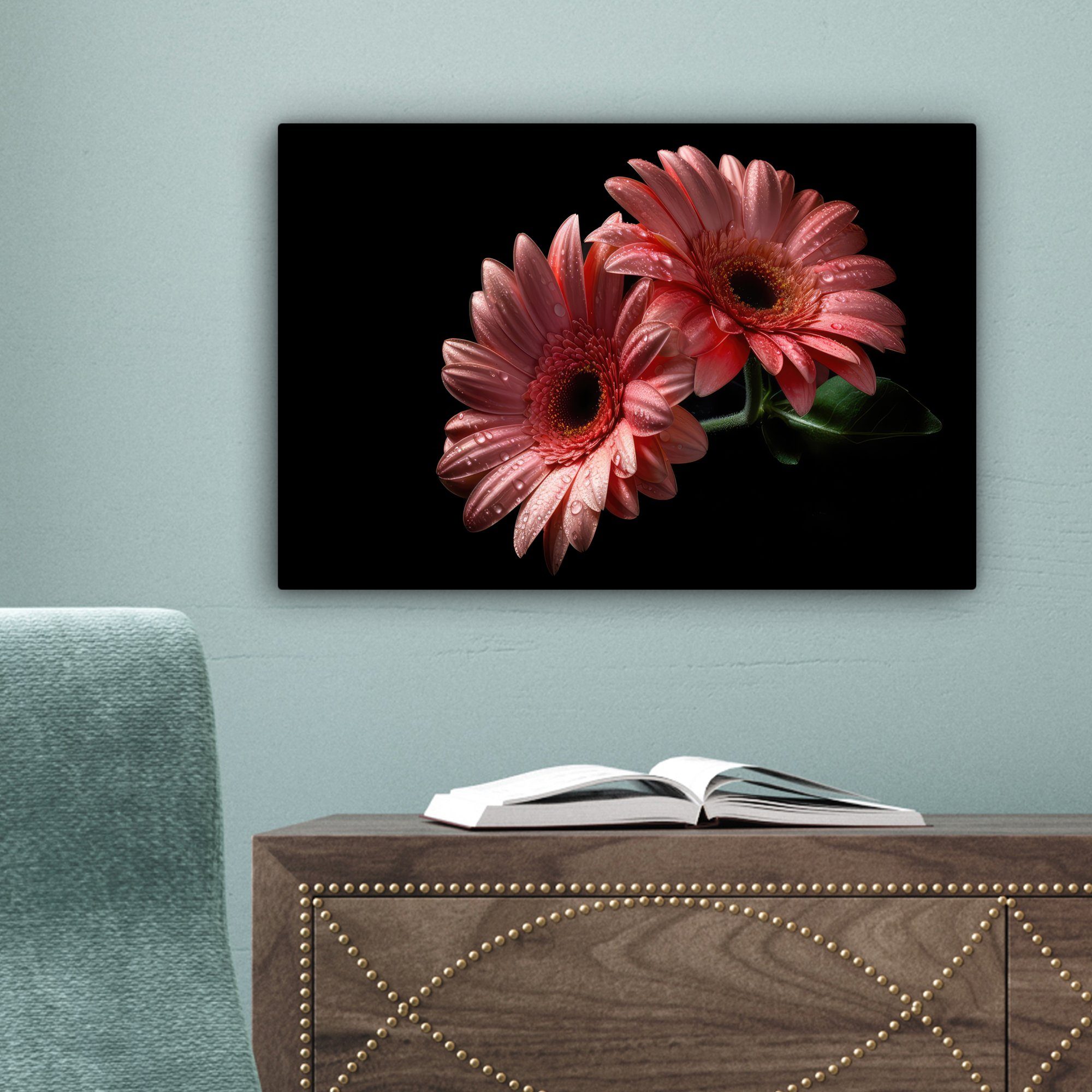 Aufhängefertig, - Leinwandbilder, Blumen - - 30x20 OneMillionCanvasses® Rosa Gerbera Wanddeko, - Porträt, Wandbild Leinwandbild cm St), (1 Natur