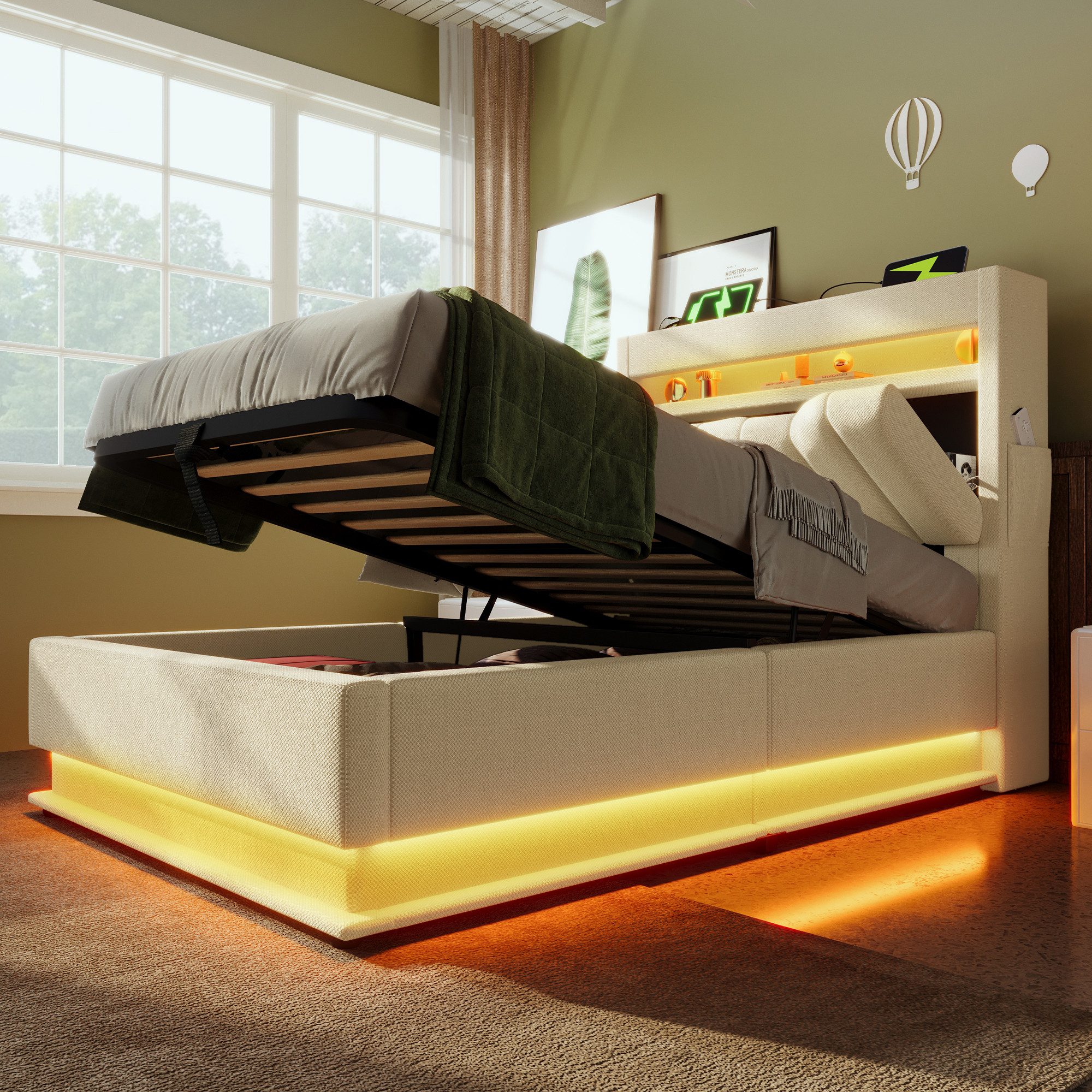 MODFU Polsterbett mit Stauraum LED Beleuchtung Ladefunktion (Struraumbett, Funktionsbett, 90x200 cm, ohne Matratze, Beige), mit USB- und Typ-C-Anschlüssen, LED-Beleuchtung