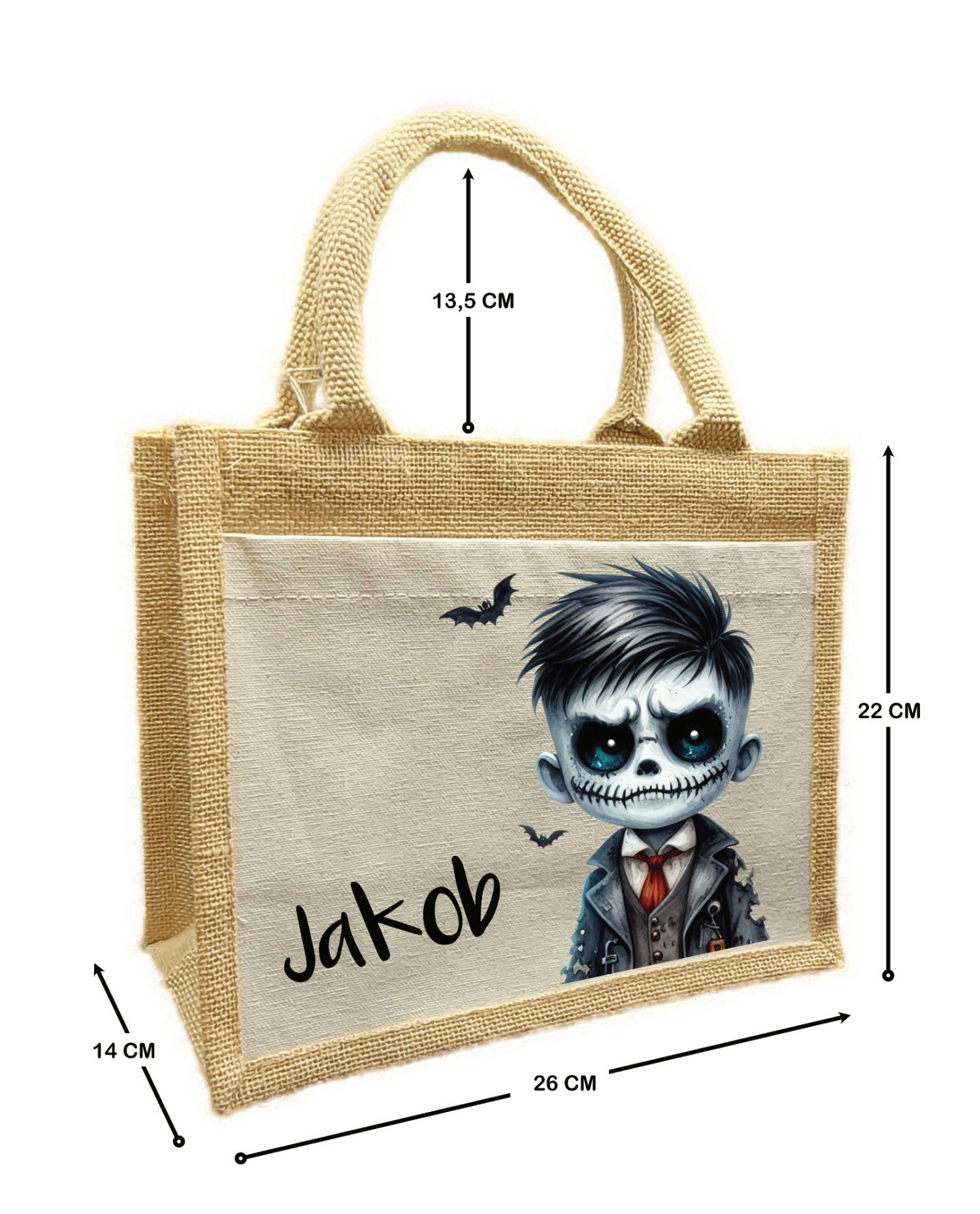 CreaDesign Korbtasche Halloween Tasche Junge Skelett, Sammeltasche aus Jute, 26 x 35 x 14 cm (1-tlg)