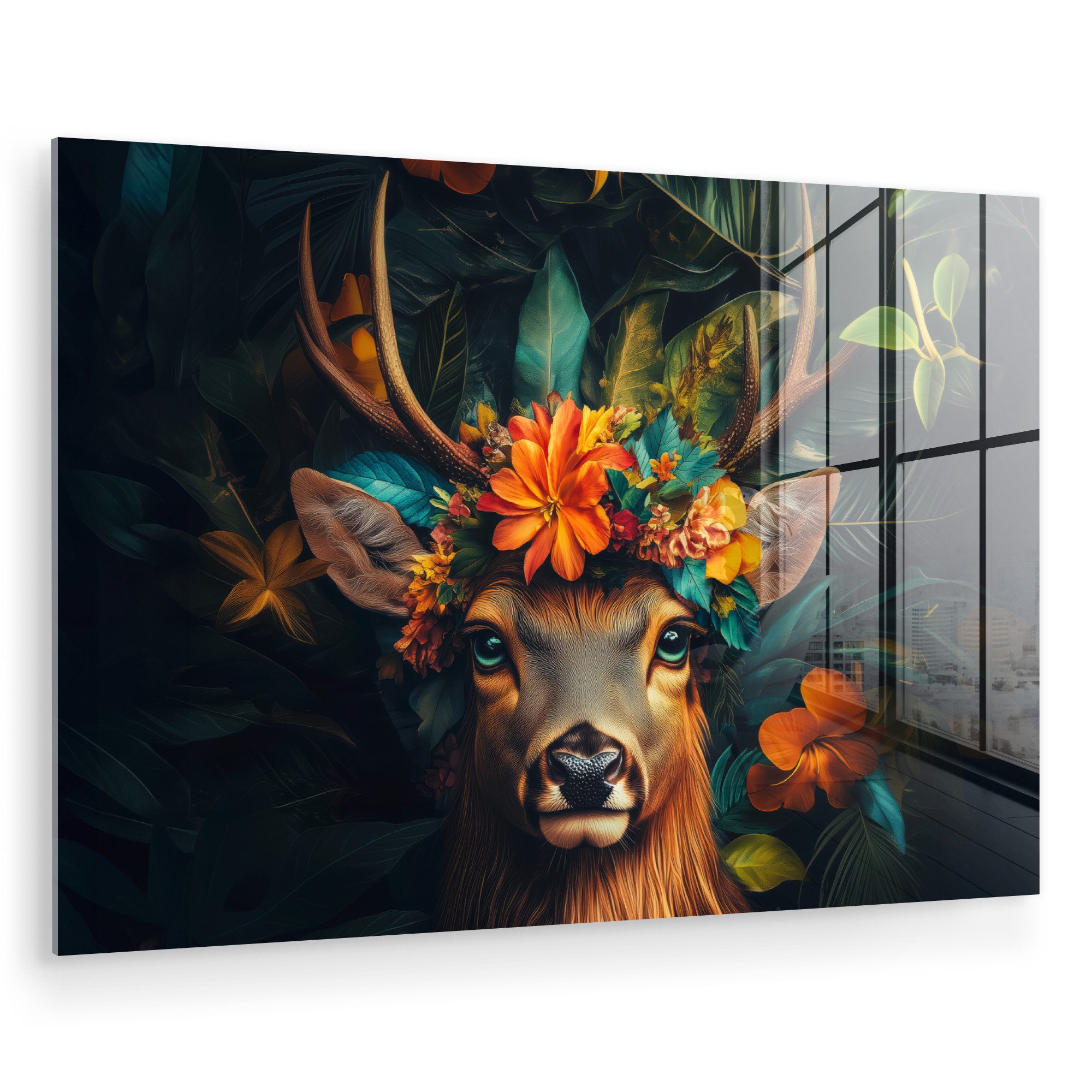 MuchoWow Acrylglasbild Hirsche - Blumen - günstig online kaufen