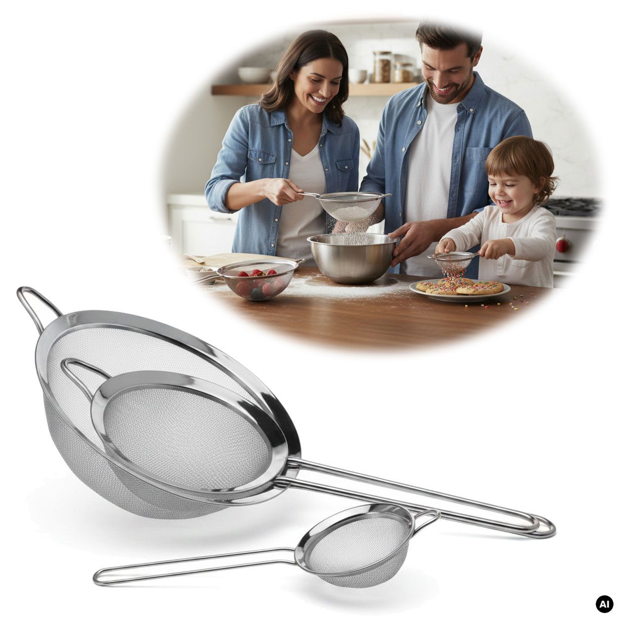 LS-LebenStil Küchensieb Edelstahl Siebe 3´er Set 8cm 14cm 20cm mit Aufhängeösen, Edelstahl, (Abtropfsieb Passiersieb Mehlsieb Teesieb mit Aufhängeöse, 3-St., Küchensieb Set mit 8 cm 14 cm 20 cm Siebdurchmesser), Nudelsieb Feines Haarsieb Mehlsieb für Küche Backen Kochen
