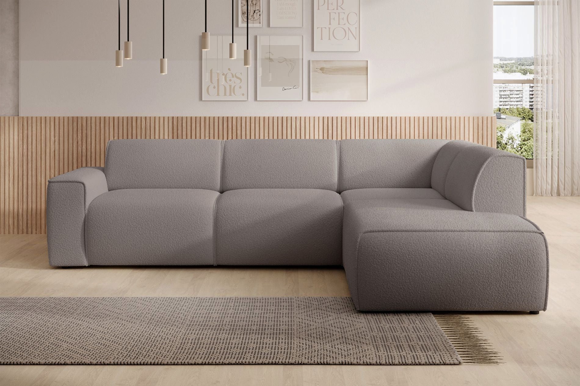 Selsey Ecksofa BOUVI, Ecksofa mit Rückenlehne an der Ottomane, Bouclé, 292 cm