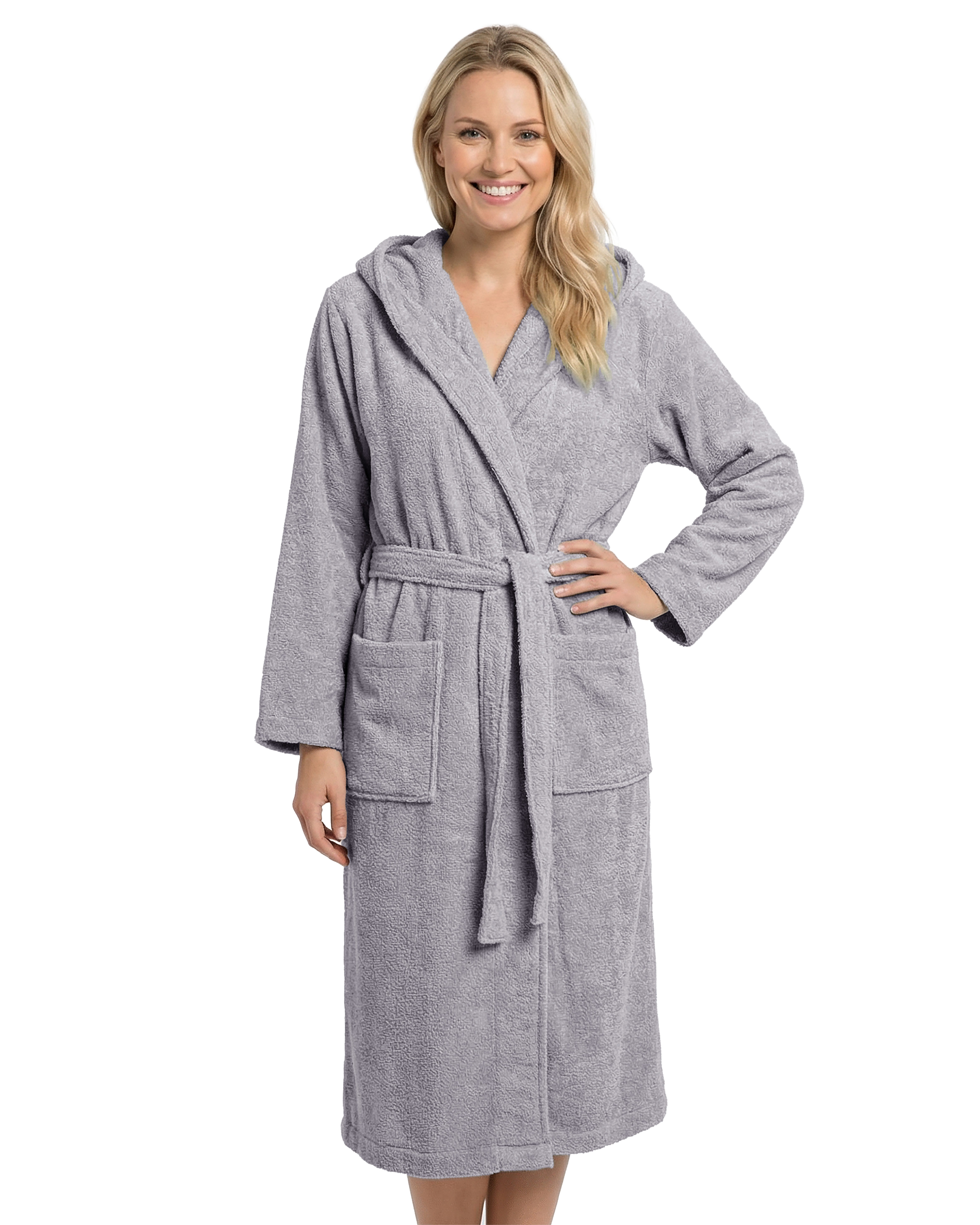 Laynenburg Damenbademantel Bademantel Damen mit Kapuze aus 100% Baumwolle Frottee, mit Gürtel, aufgesetzten Taschen, Waden-lang für Spa, Sauna, S-XXXL