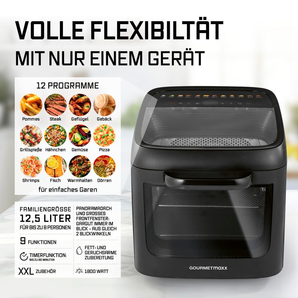 GOURMETmaxx Heißluftfritteuse Heißluftofen mit Panoramadach & Frontfenster, 1800 W, Airfryer,  12,5 l - 12 Programme