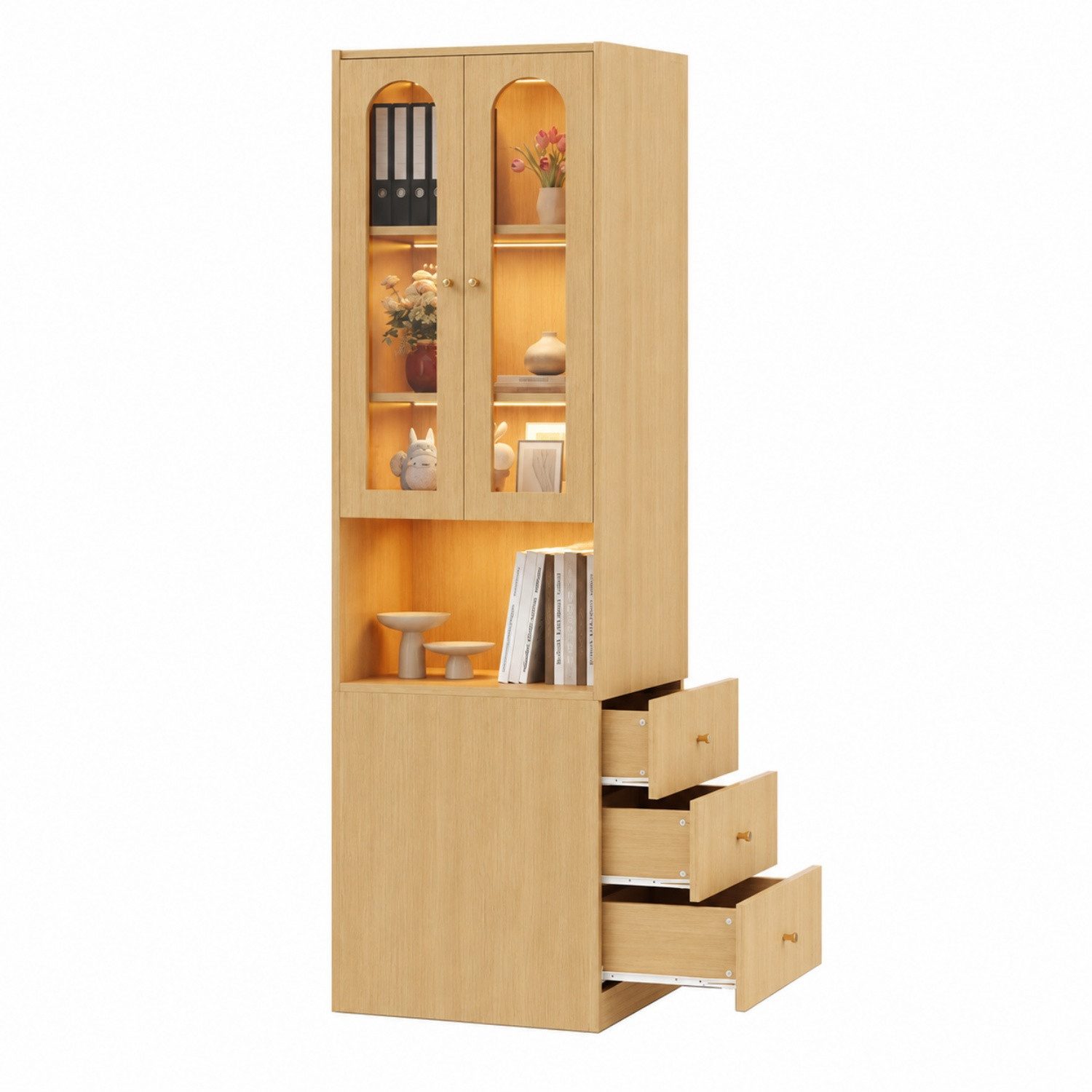 ANYSUN Vitrine Schmaler Bücherschrank, Hochschrank mit Schubladen & LED-Beleuchtung 60 × 40 × 200 cm, mit Glastüren, für Wohn-, Schlaf- & Arbeitszimmer
