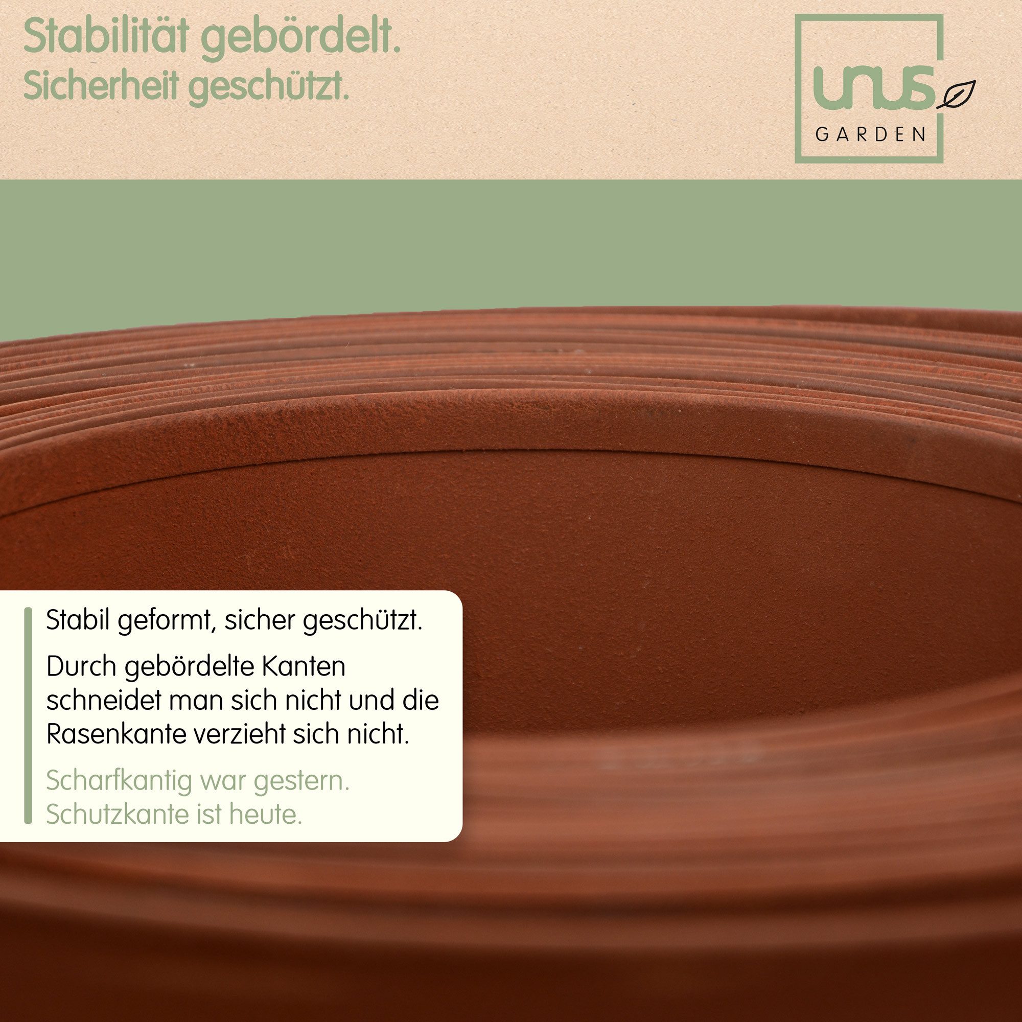 UNUS GARDEN Rasenkante Beeteinfassung Rostoptik groß 10x1000 cm, LxH: 1000x10 cm, inklusive Handschuhe, Mähkante, Beetumrandung, Rasenkante 10 Meter, robust – Bild 5 von 5