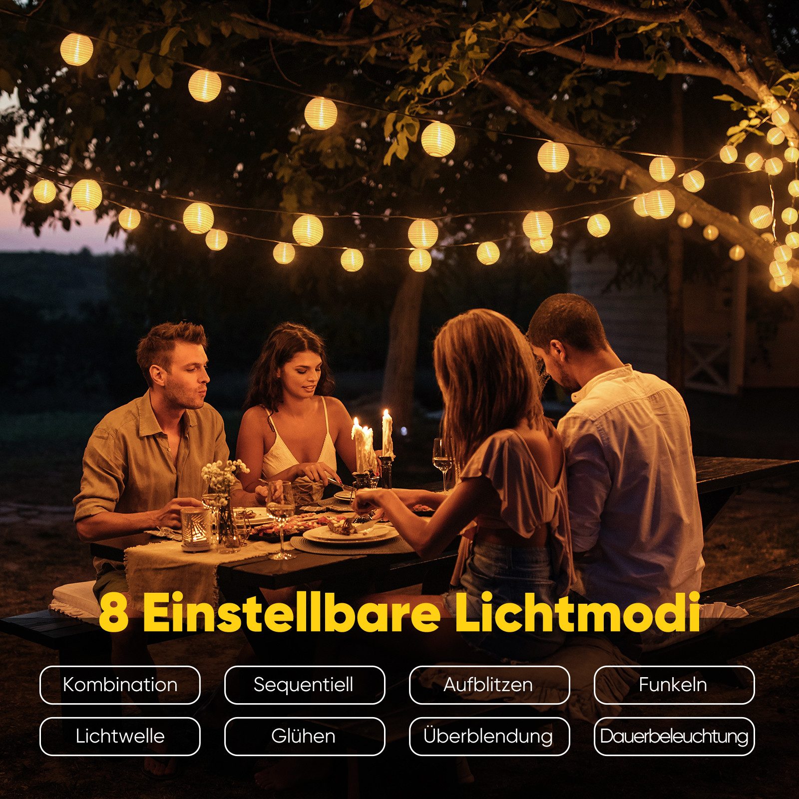 Salcar LED-Lichterkette LED Lichterkette Lampion Außen, Solar-, Batterie-, Steckdosen-Betrieb, 20-flammig, 5M 20 LED-Lampions, 8 Modi, Solarbetrieb