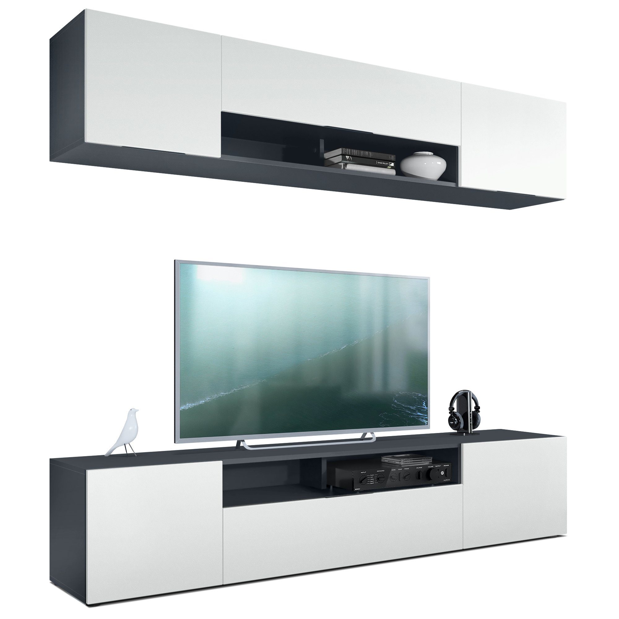 Vladon Wohnwand Mogan, (Anbauwand bestehend aus 2 TV-Boards, mit jeweils 2 Türen, 1 Klappe und 1 offenes Fach), Anthrazit matt/Weiß matt 2x (181 x 39 x 35 cm)
