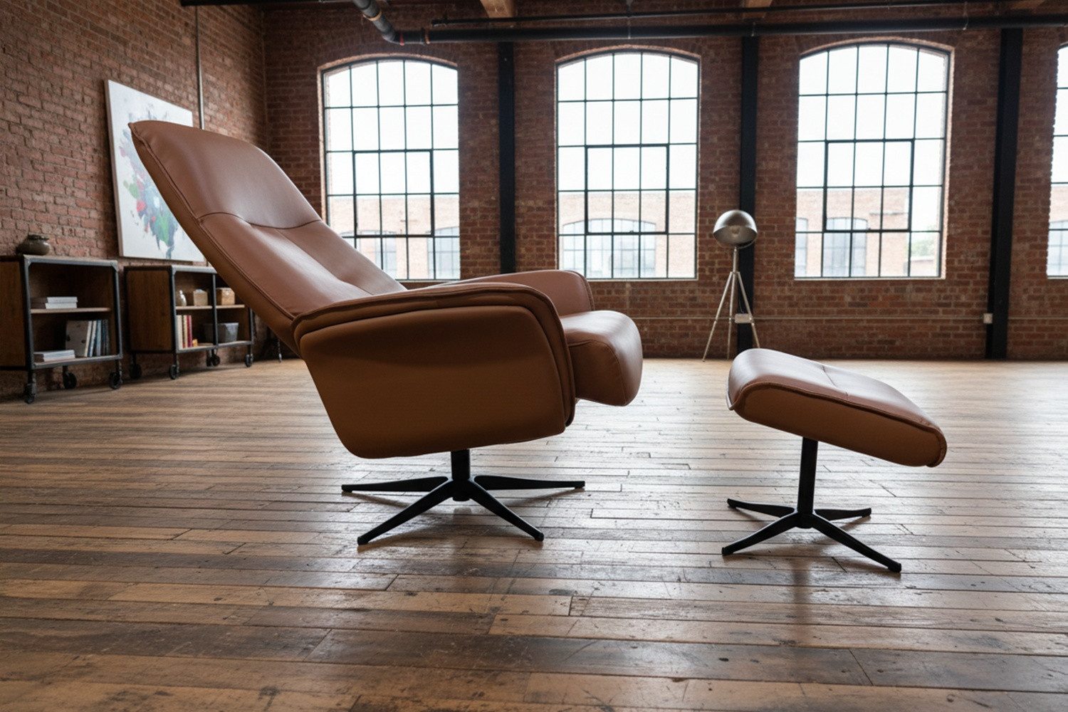 KAWOLA Relaxsessel JOSIANE Leder braun Komfort Drehsessel – Bequem, 360° drehbar, Relaxfunktion, Kopfstütze, inklusive Fußhocker