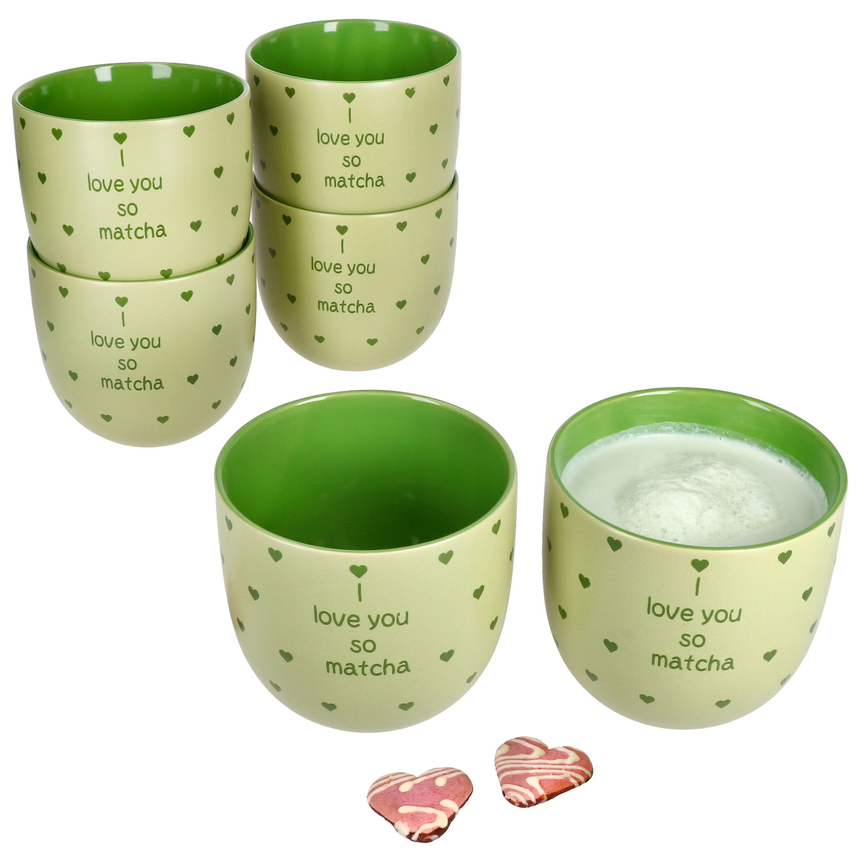 MamboCat Becher 6x I Love Matcha Becher 370ml Steingut-Tassen 6 Personen Matcha-Drink, Steingut