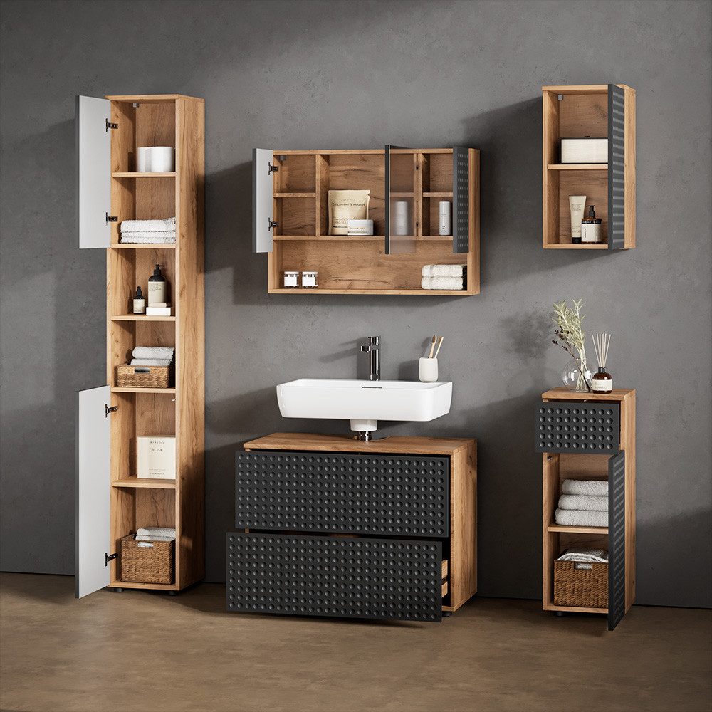 Livinity® Badmöbel-Set Ronco, Anthrazit gepunktet/Goldkraft Eiche, 5 Teile, (5-St)
