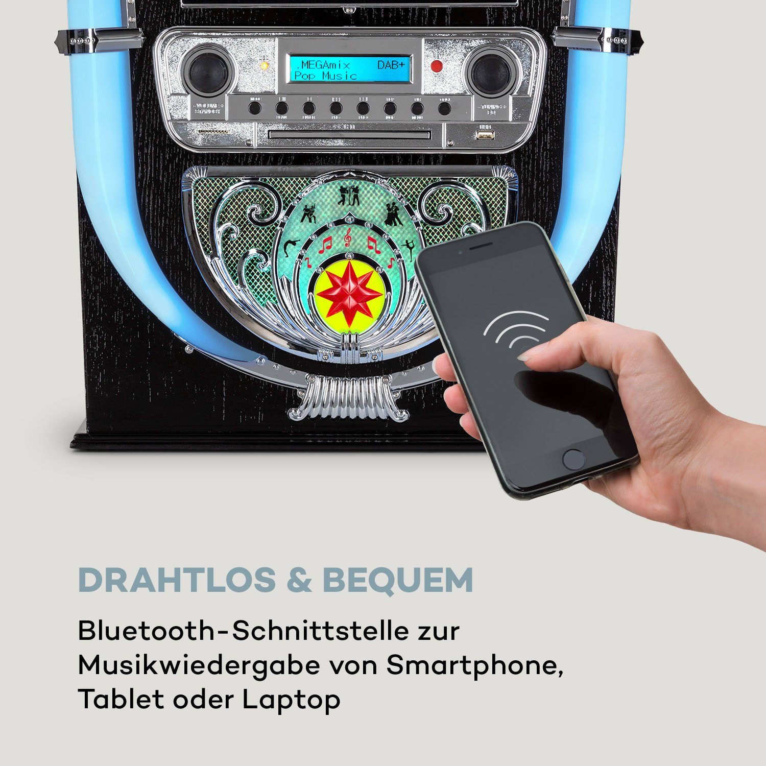 SD Auna Aufnahmefunktion) Retro Mini Stereoanlage USB Bluetooth (DAB+/FM-Radiotuner, Graceland Uhrzeitanzeige