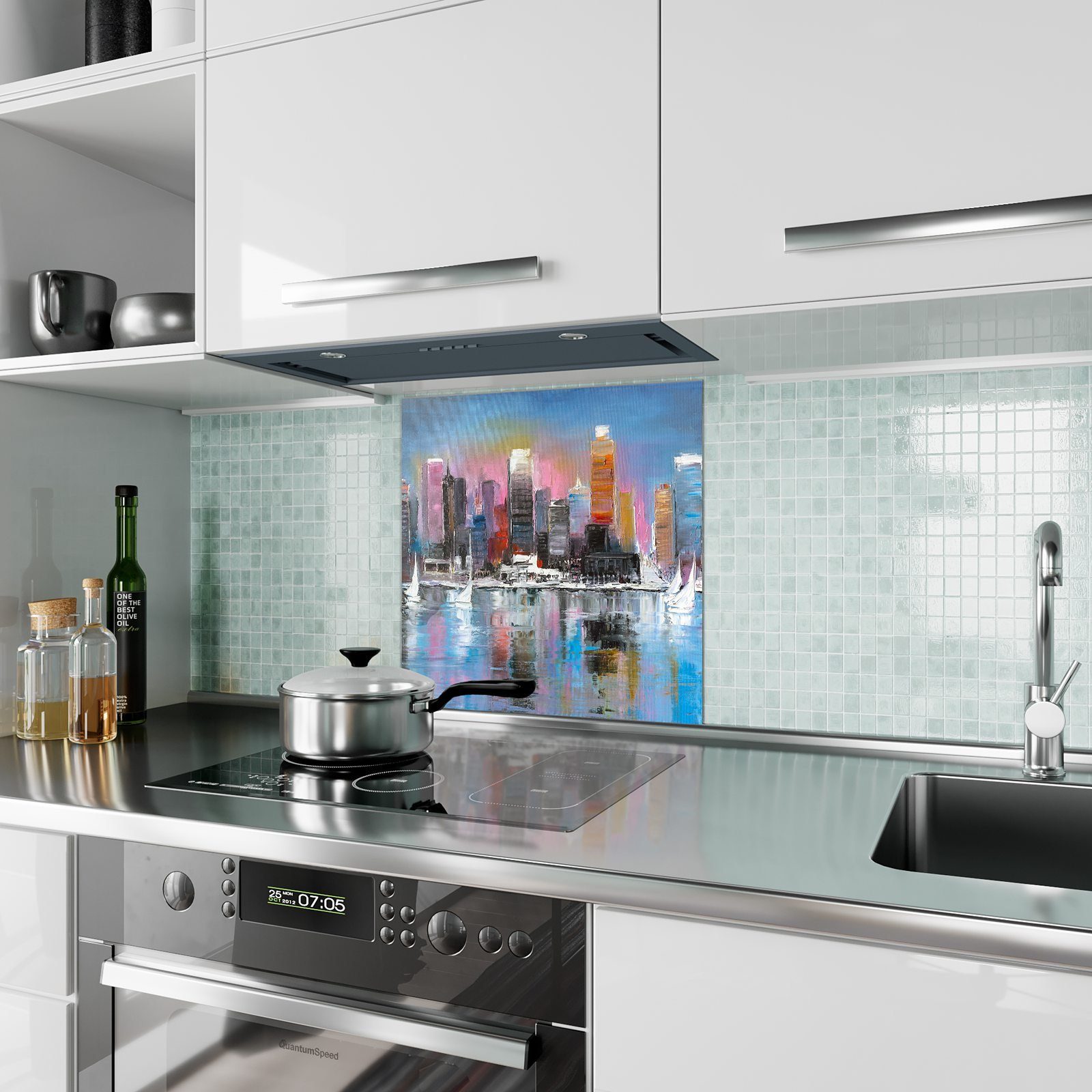 Glas Küchenrückwand Küchenrückwand mit Spritzschutz Motiv Malerische Primedeco Skyline