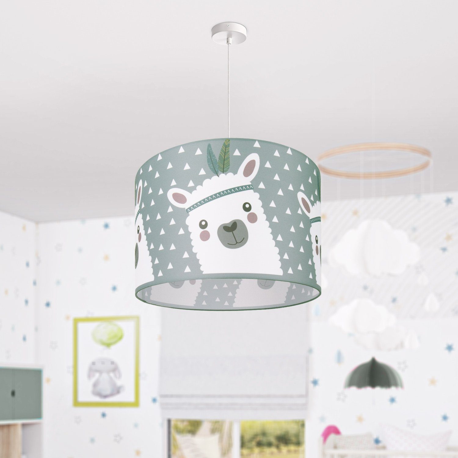 Paco Home Pendelleuchte Ela Leuchtmittel, Lampe Kinderzimmer E27 Deckenlampe ohne 214, Lama-Motiv, LED Kinderlampe