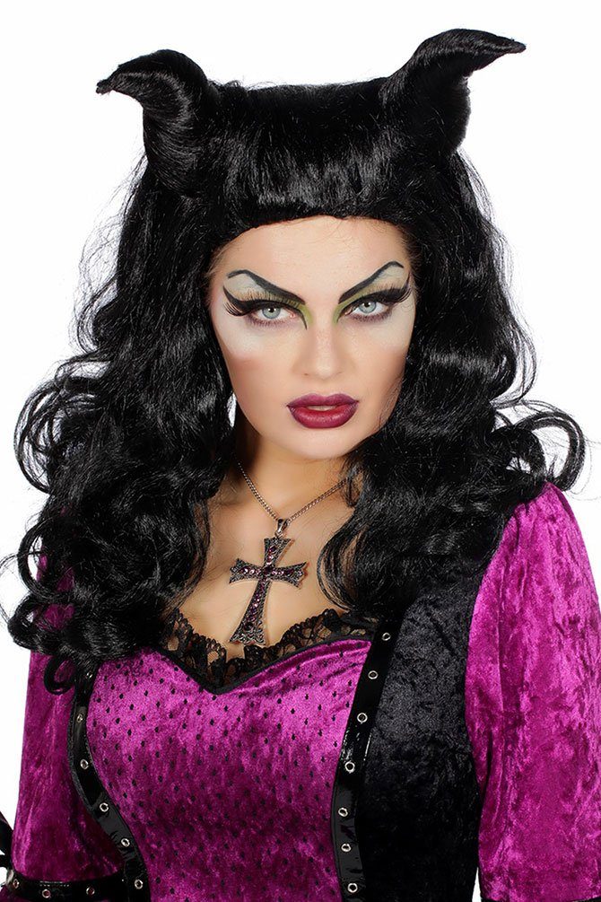 Karneval-Klamotten Kostüm Maleficent Hörner Horn Perücke Damen Halloween, Maleficient Perücke schwarz böse dunkle Fee Horror Halloweenperücke