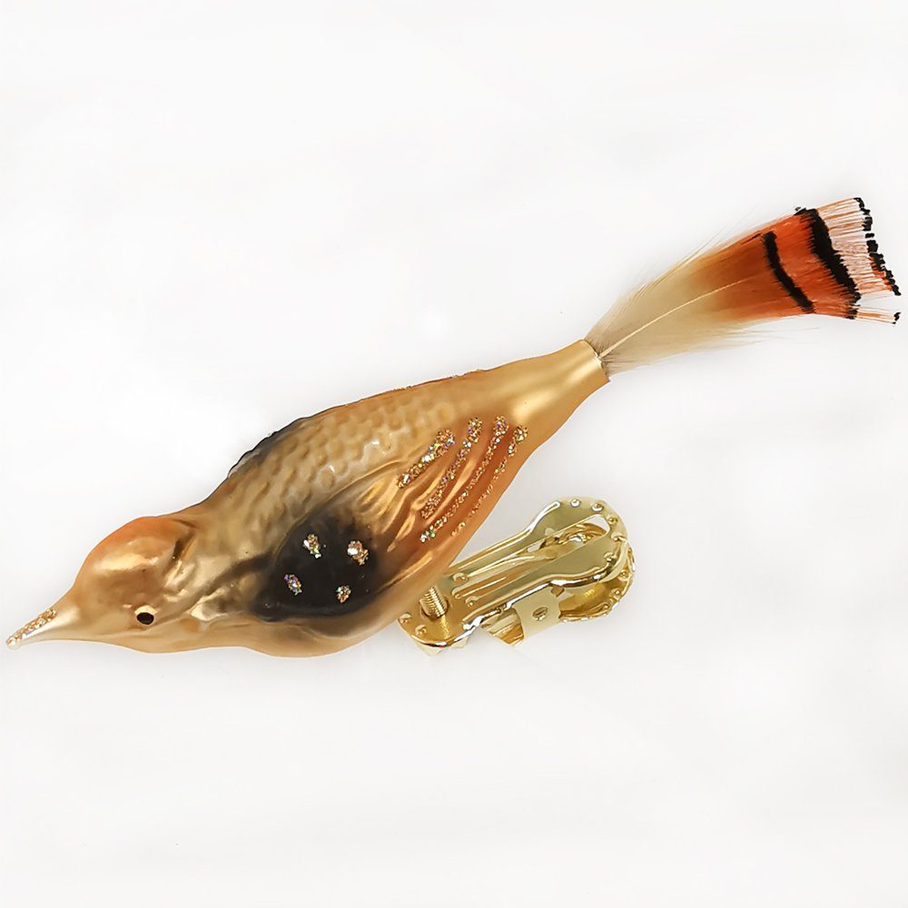 mundgeblasen, Vogel Schatzhauser 7cm Christbaumschmuck Naturfedern, (1-tlg), handbemalt Goldschwanz mit