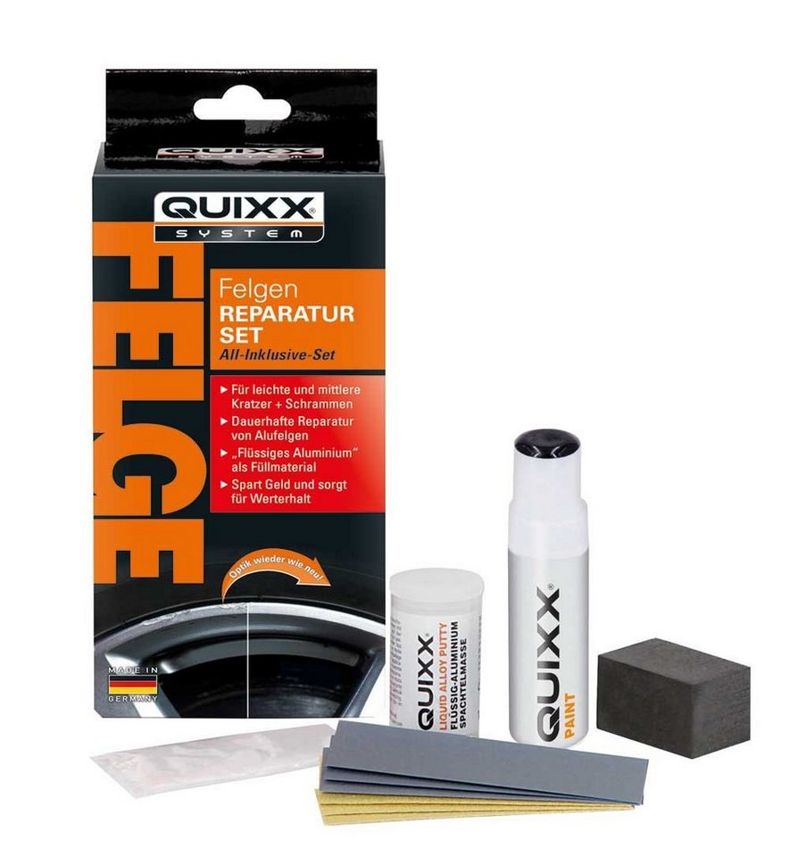 QUIXX Reparatur-Set Felgen, für Kratzer und Schrammen in Alu-Felgen,  schwarzer Felgen-Lack, Quixx Aluminium Felgen Reparatur Set schwarz