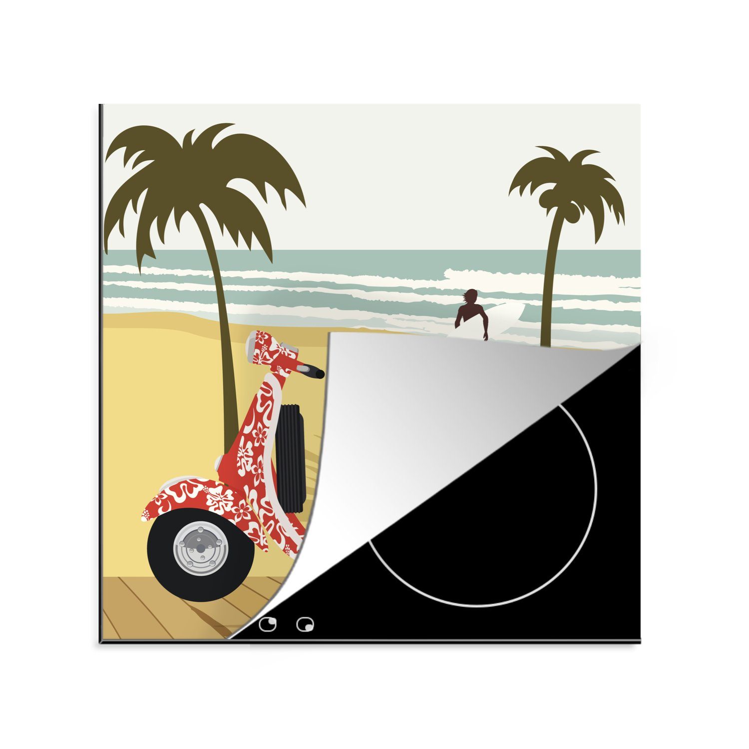 MuchoWow Herdblende-/Abdeckplatte Illustration einer roten tlg), für am Vinyl, küche (1 cm, Ceranfeldabdeckung, Strand, Arbeitsplatte Vespa 78x78