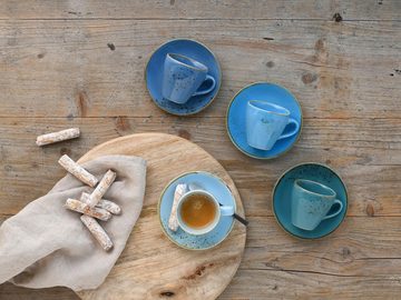 CreaTable Espressotasse Kaffeetasse NATURE COLLECTION Aqua, Steinzeug, Tassen Set, aktuelle Blautöne mit Sprenkel, 4 Tassen, 4 Untertassen