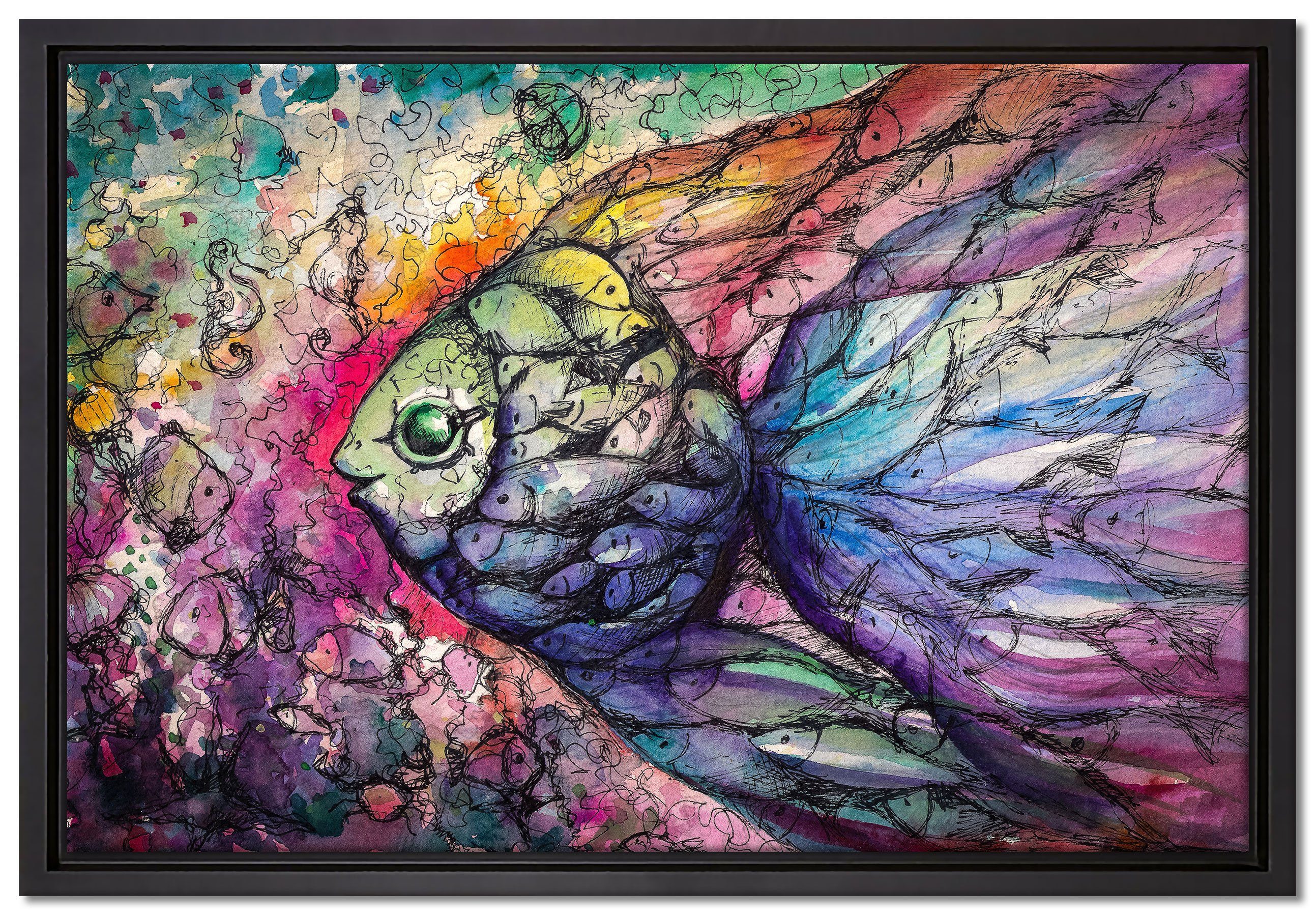Pixxprint Leinwandbild Bunte Fische Kunst, Wanddekoration (1 St), Leinwandbild fertig bespannt, in einem Schattenfugen-Bilderrahmen gefasst, inkl. Zackenaufhänger
