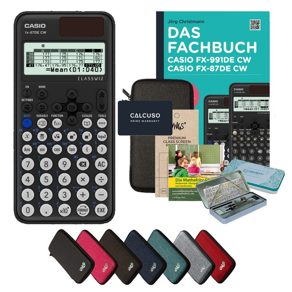 CASIO Taschenrechner fx-87DE CW - Premium Set inkl. Schutztasche Dunkelgrau & Fachbuch uvm.