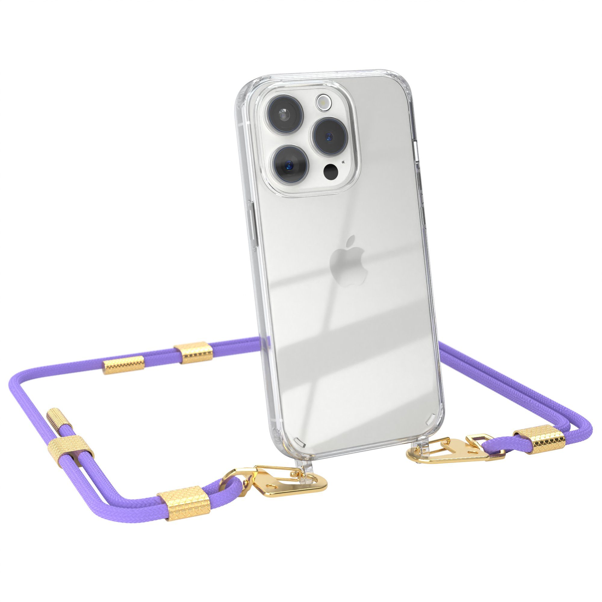 EAZY CASE Handykette Silikonhülle mit Kette für Apple iPhone 15 Pro 6,1 Zoll, Smartphonekette Cover Silikonhülle Umhängetasche Flieder Lila Gold