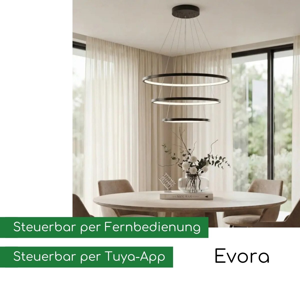 CASA DOMA LED Pendelleuchte Evora, smarte Hängelampe, Esszimmer, Wohnzimmer, Schwarz/Weiß, modern, dimmbar, LED fest integriert, Neutralweiß, Kaltweiß, Warmweiß, inkl. Fernbedienung, höhenverstellbar, aus Metall, Ringform
