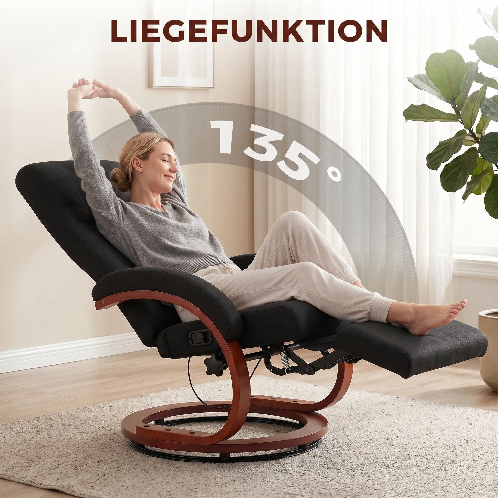 HOMCOM Relaxsessel mit hoher Rückenlehne, ergonomische Armlehne, Fußstütze, Holzbasis (Ruhesessel, 1-St., Fernsehsessel), für Wohnzimmer Schlafzimmer Schwarz – Bild 4 von 5