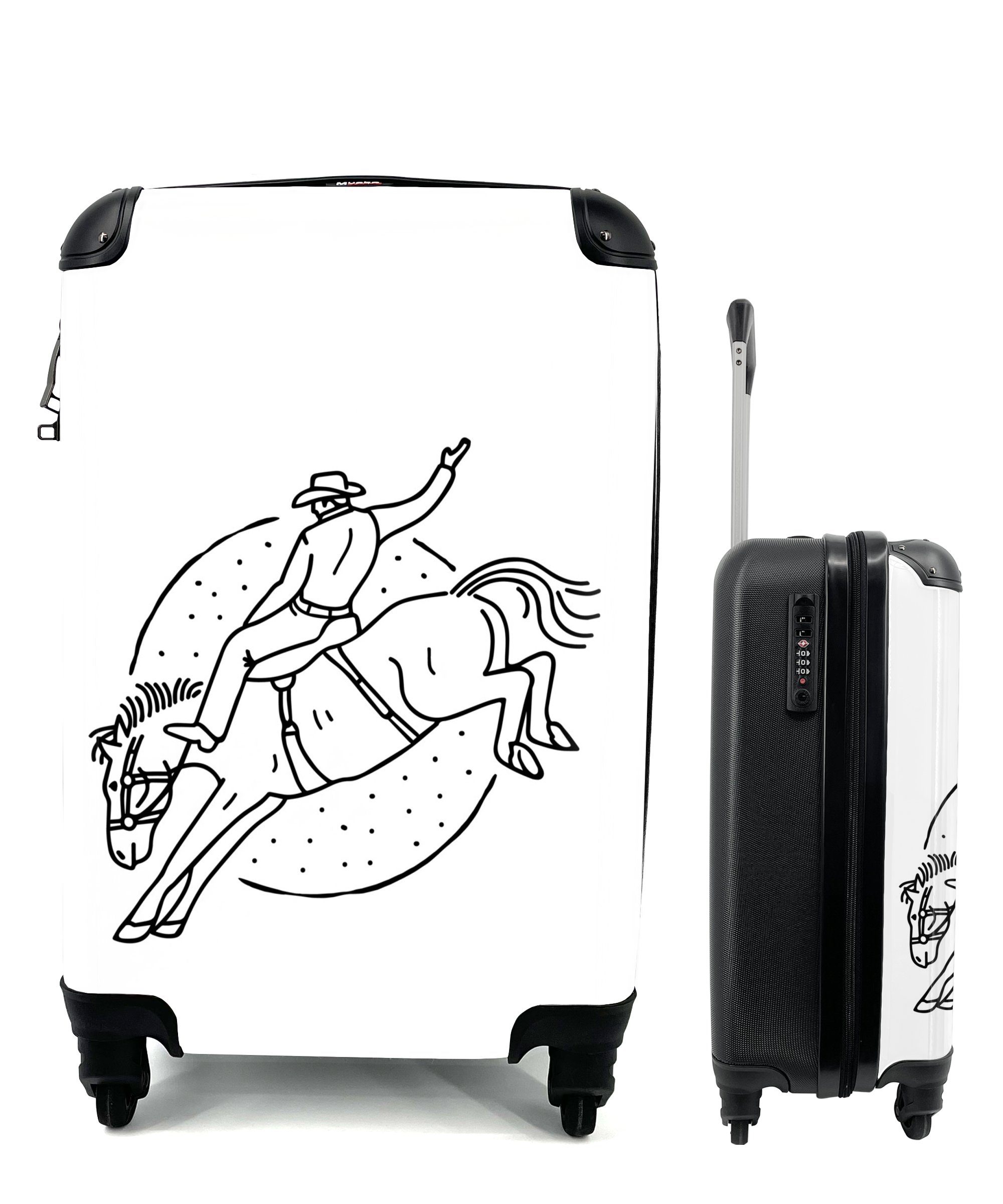 MuchoWow Handgepäckkoffer Schwarze und weiße Illustration eines Cowboys auf einem Pferd, 4 Rollen, Reisetasche mit rollen, Handgepäck für Ferien, Trolley, Reisekoffer