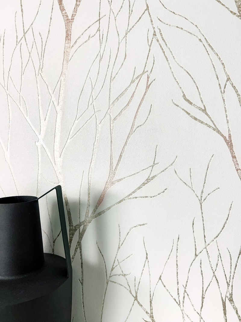Newroom Vliestapete, Weiß Tapete Floral Äste - Blumentapete Äste Rosegold Romantisch 3D Optik Zweige für Schlafzimmer Wohnzimmer Küche