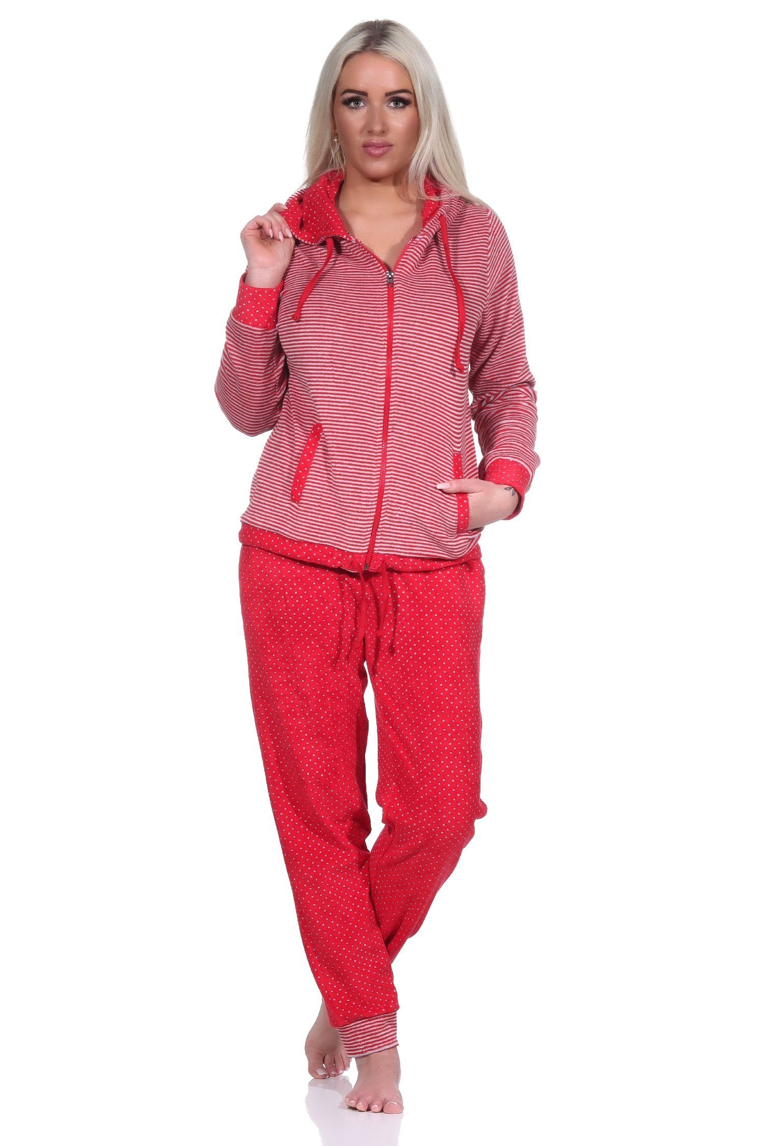 Normann Relaxanzug Damen Frottee Hausanzug mit Bündchen im Tupfen- und Ringeldesign