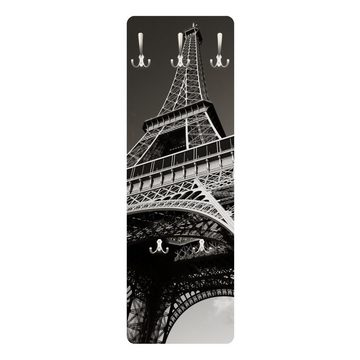 Bilderdepot24 Garderobenpaneel schwarz-weiß Schwarz Weiß Städte Skyline Eiffelturm Design (ausgefallenes Flur Wandpaneel mit Garderobenhaken Kleiderhaken hängend), moderne Wandgarderobe - Flurgarderobe im schmalen Hakenpaneel Design