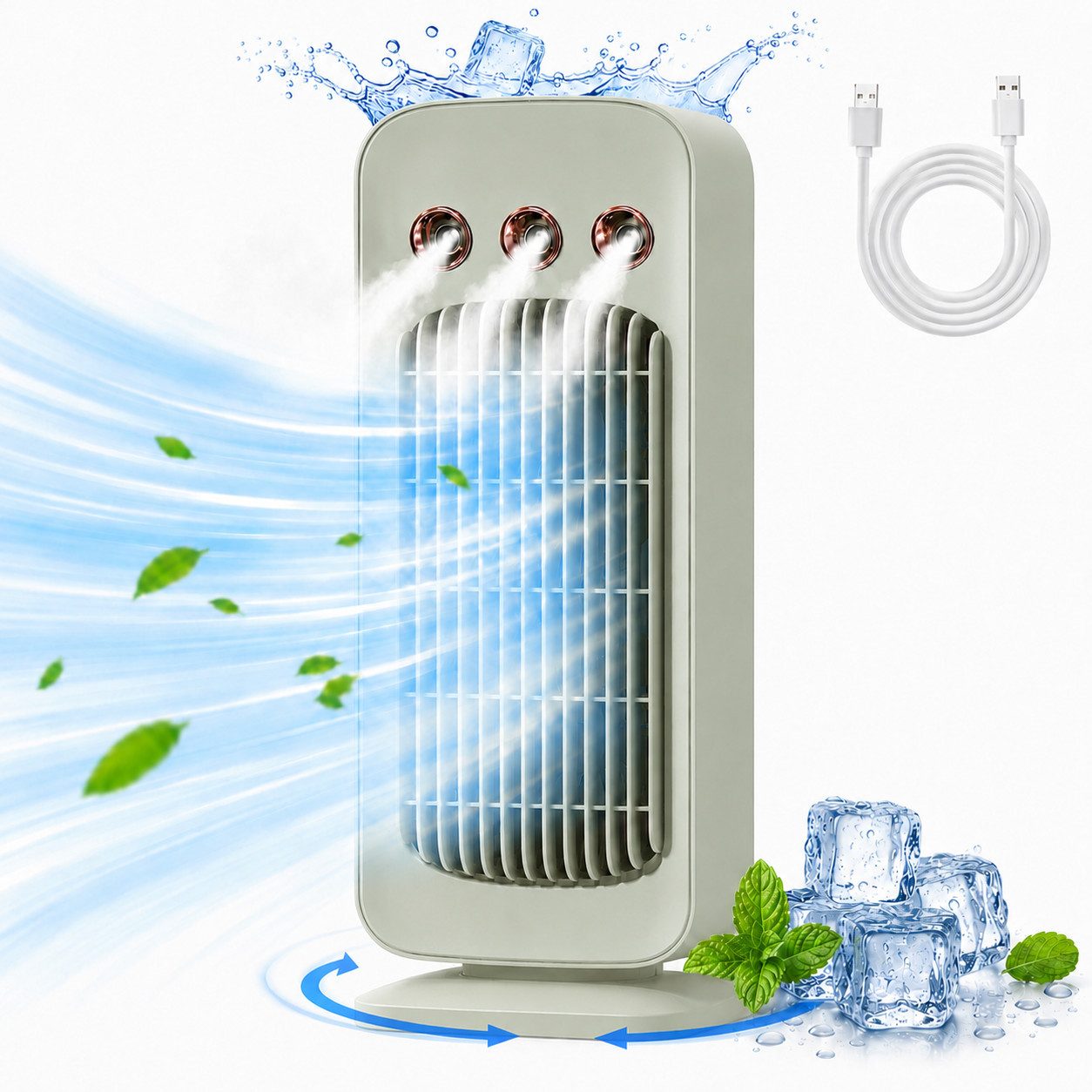 MOPUEA Standventilator Tragbarer Klimaanlagen-Ventilator Turmventilator Mit Sprühnebel, Leiser Akkuventilator mit 3 Stufen und 75°-Oszillation für Outdoor