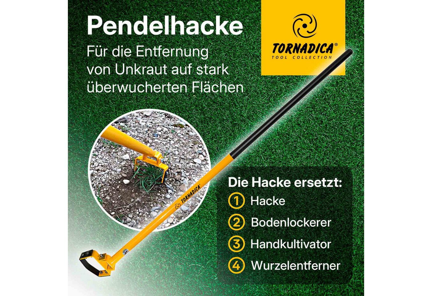 Thumbnail - Tornadica Gartenhacke Pendelhacke mit Stiel 140 cm, 15 cm Arbeitsbreite, aus legiertem Stahl für effektives Jäten, Entfe...