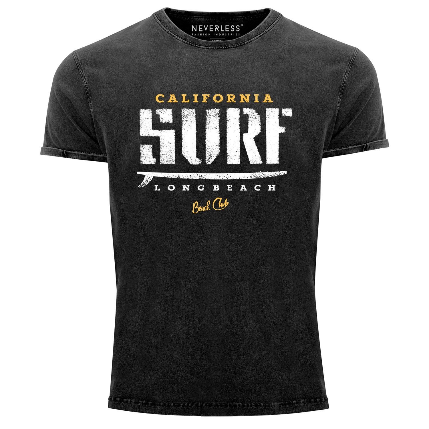 Neverless® Aufdruck Print Neverless Surf Fit California Cooles Used schwarz Shirt Look mit Angesagtes Herren Print-Shirt T-Shirt Vintage Slim