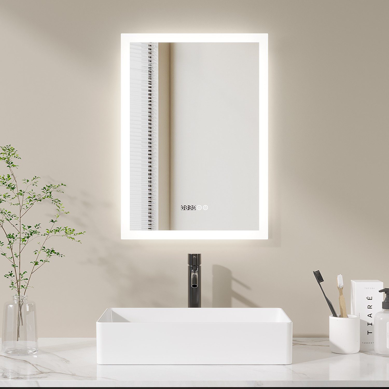 AQUALAVOS Badspiegel LED-Badspiegel 50x70 cm dimmbar Touchsensor Antibeschlag Wandmontage, Mit/ohne Uhr Speicherfunktion Ultraflach Energiesparend Sicher für Bad