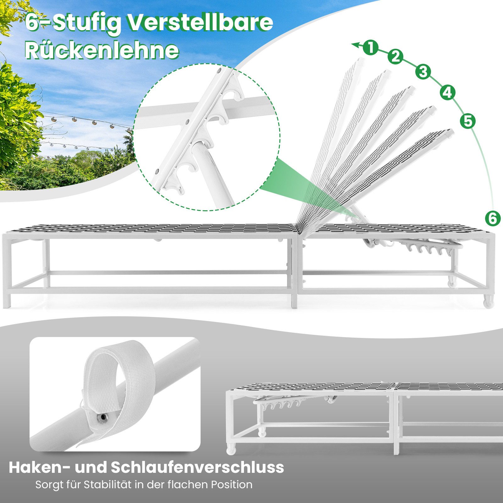 COSTWAY Gartenliege, 6 Fach verstellbare Terrassenliege mit Rädern, 180 kg