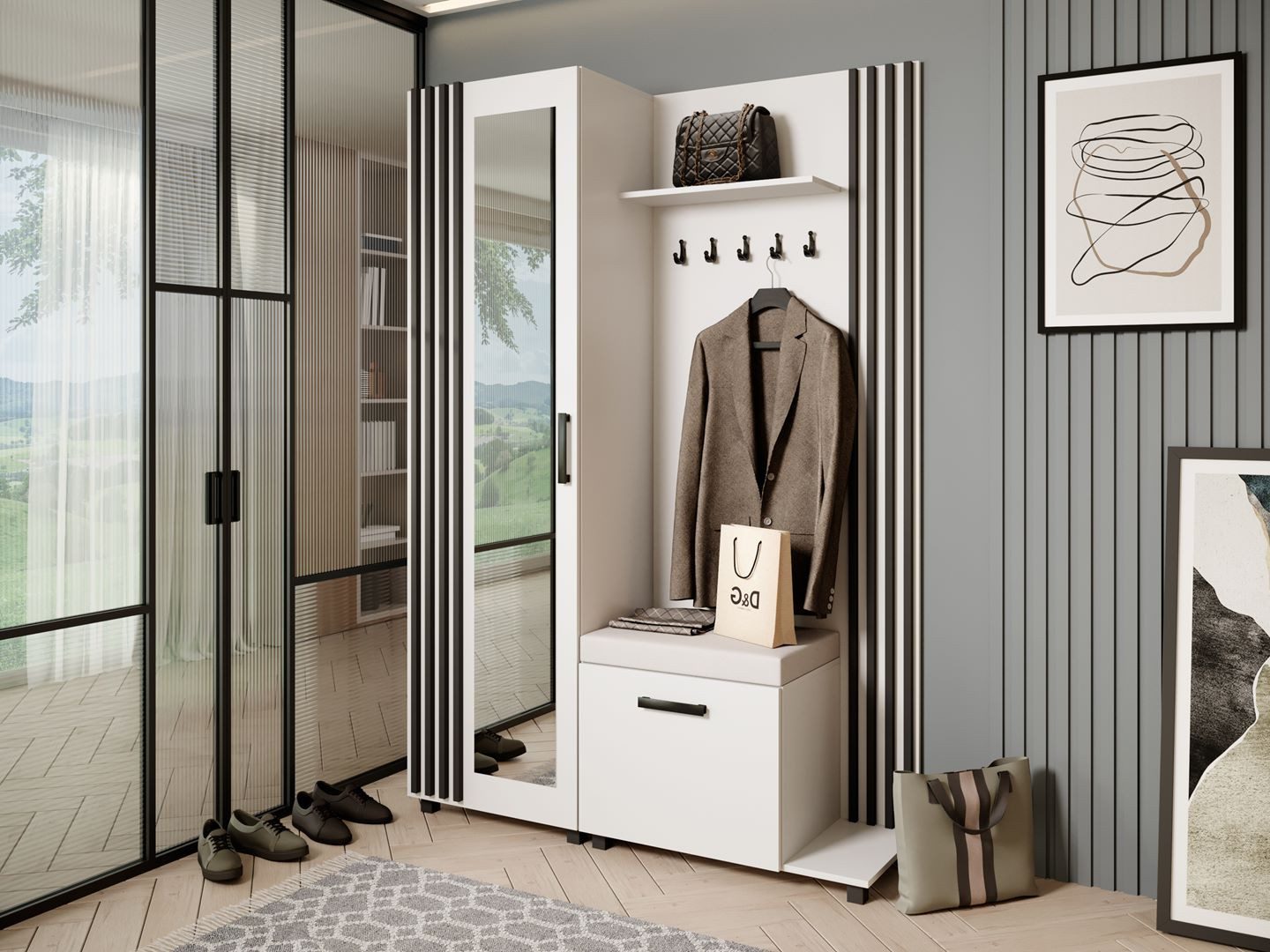 Beautysofa Garderobenschrank Garderoben-Set mit Aufhängern und Spiegel LIVI günstig online kaufen