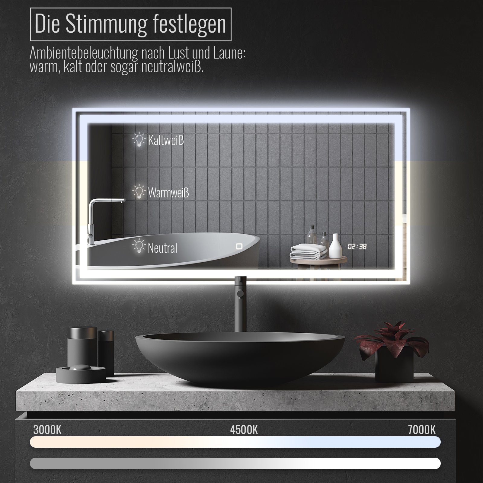 - x Badspiegel 120 Aquamarin LED Beschlagfrei, Energiesparend, 60 Badspiegel cm 3000-7000K Dimmbar,