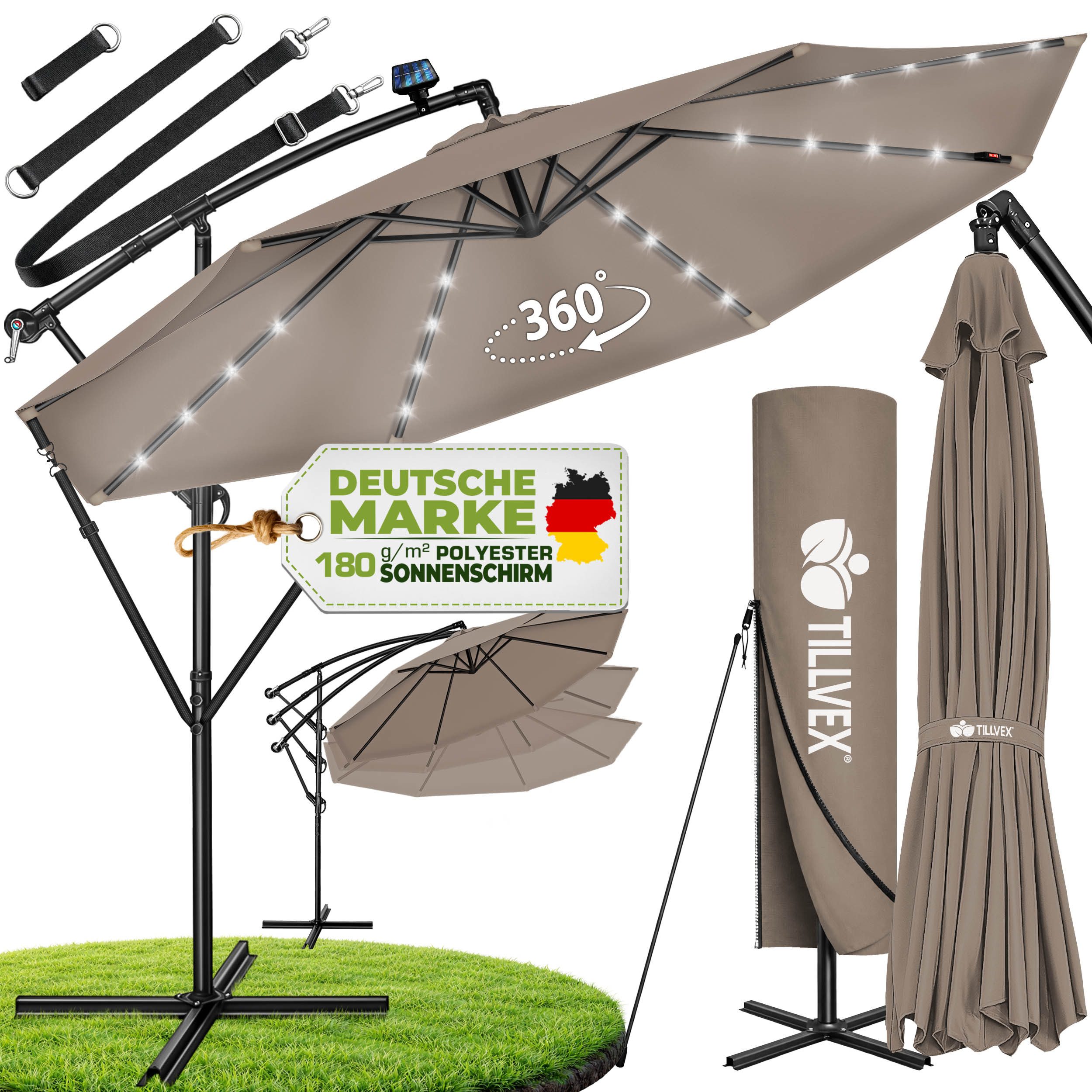 tillvex Sonnenschirm tillvex® Sonnenschirm LED Solar Ø 3m Ampelschirm Balkon Gartenschirm, Alu Ampelschirm + Abdeckung LED Solar Ø 350 cm mit Kurbel, Abdeckung + Ständer, Gartenschirm UV-Schutz Aluminium, Kurbelschirm Marktschirm wasserdicht 360° drehbar