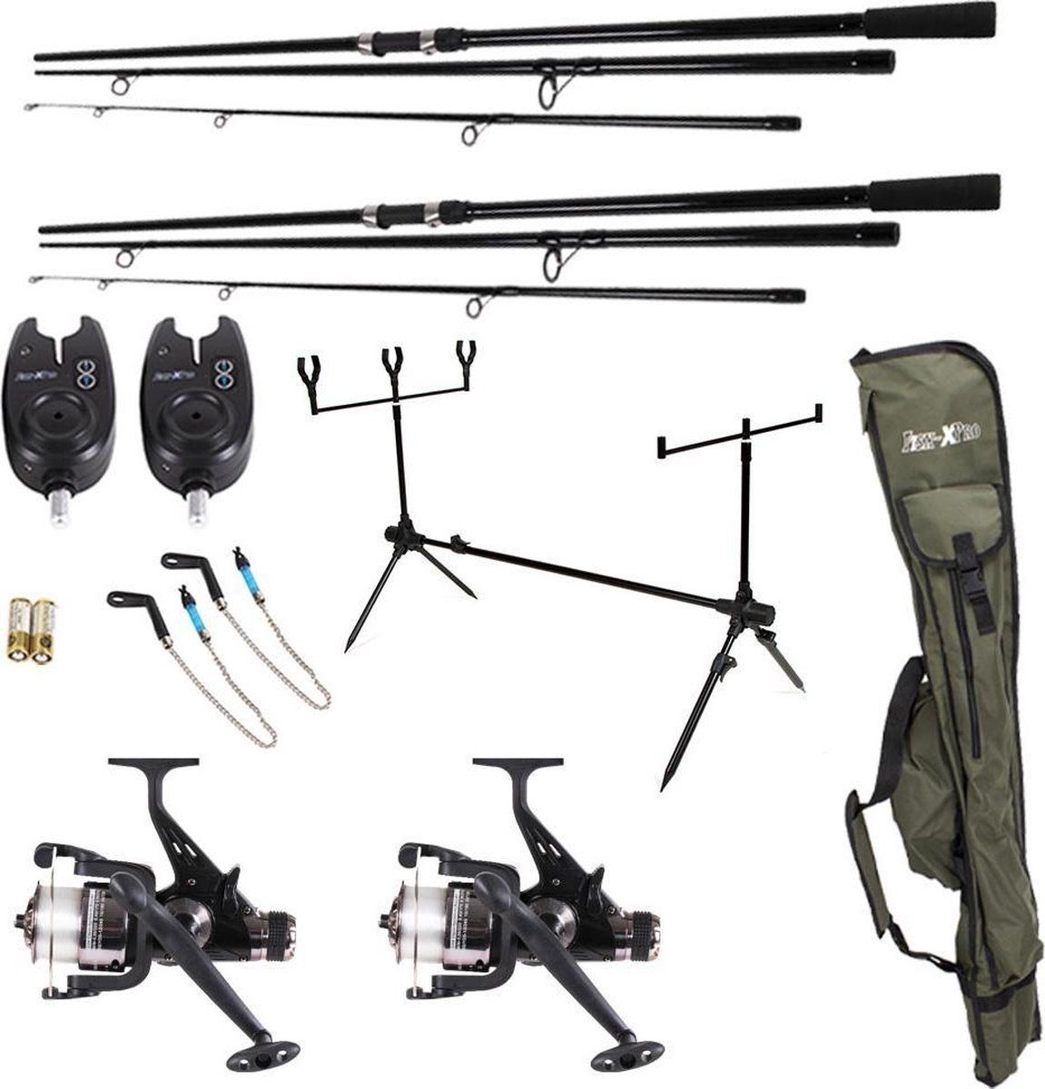 Fish-XPro Karpfenrute XL Karpfenset "Carp Improve" Set mit 2 Angelruten, (Karpfen Angeln Komplett-Set), Freilaufrollen, Bissanzeiger, Rod Pod, Rutenauflagen und Tasche