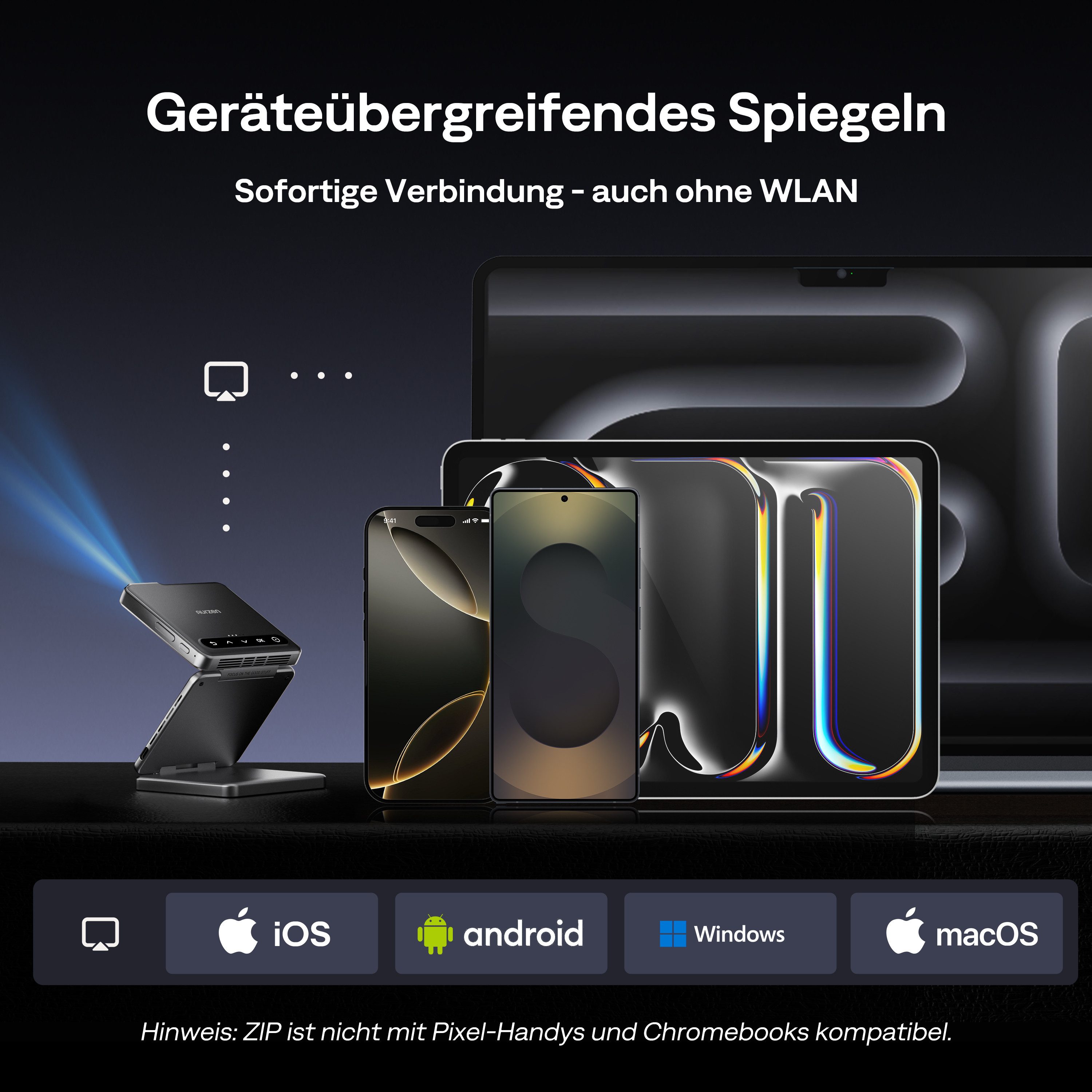 Aurzen ZIP Tri-Fold DLP Mini-Projektor Taschenformat 4K Unterstützt Beamer (1920 x 1080 px, Autofokus ohne Verzögerung, 1-Klick-Spiegelung, Vollbildmodus)