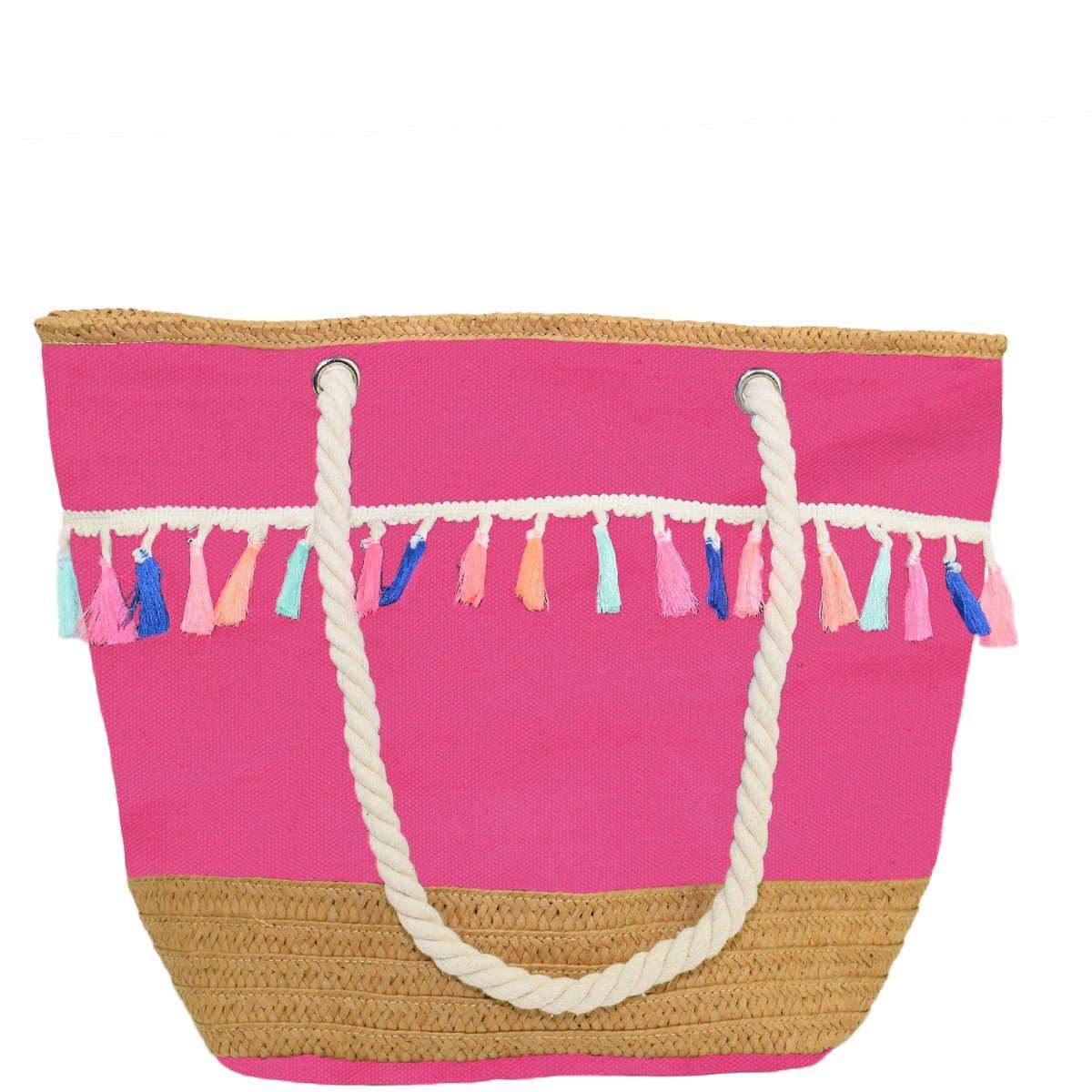 Sonia Originelli Strandtasche Shopper Boho neon Quasten Bommel Bastverzierung Strandtasche, kleine Innentasche mit Reißverschluss pink