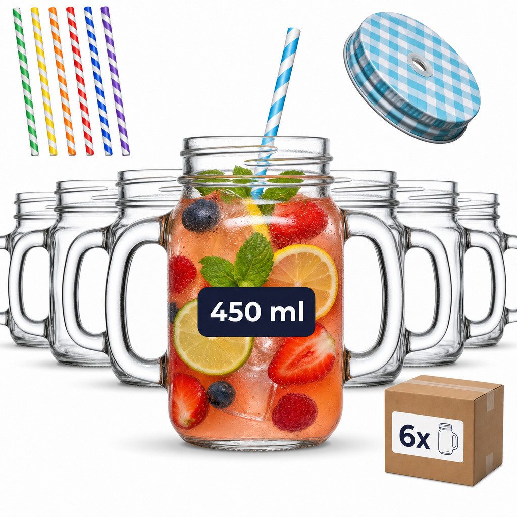gouveo Gläser-Set Trinkgläser 450 ml mit Schraubdeckel - Trinkglas mit Henkel, 6-tlg., 6er Set, blau/silber