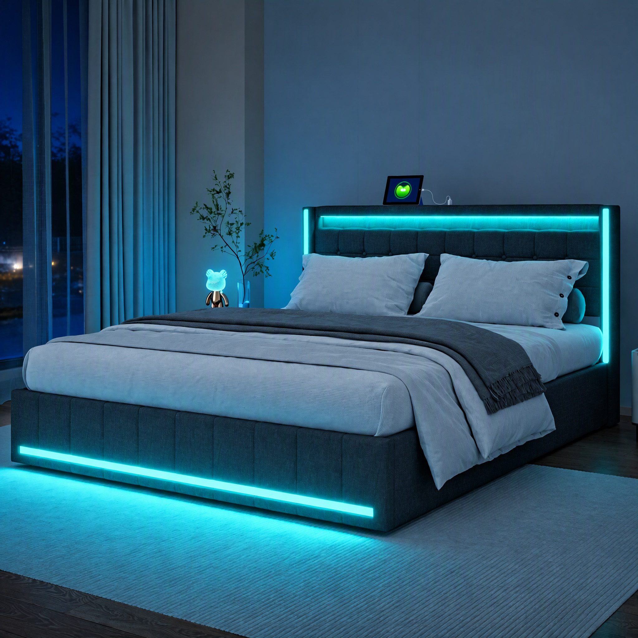 Furnishings Home Polsterbett LED Doppelbett Stauraumbett mit Kopfteil und 4 Schubladen (Leinenmaterial Polsterbett mit RGB Beleuchtung), mit Lattenrost und Ladefunktion, mit Komforthöhe, Leises Design Bett