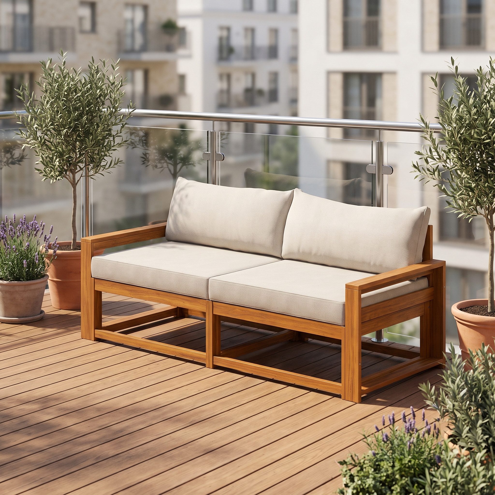 STEELSØN Gartenlounge-Set Mizaru modulares Sofa-Set aus hochwertigem Akazienholz, (Sofabank), Outdoor Sitzgruppe inkl. Auflagen, vielfältige Stellmöglichkeiten
