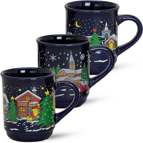 matches21 HOME & HOBBY Tasse Weihnachtstassen 3er Set Glühweintassen Glühweinbecher, Keramik, Tee Kaffee-Becher, Weihnachten, klassisch, blau bunt, 200 ml