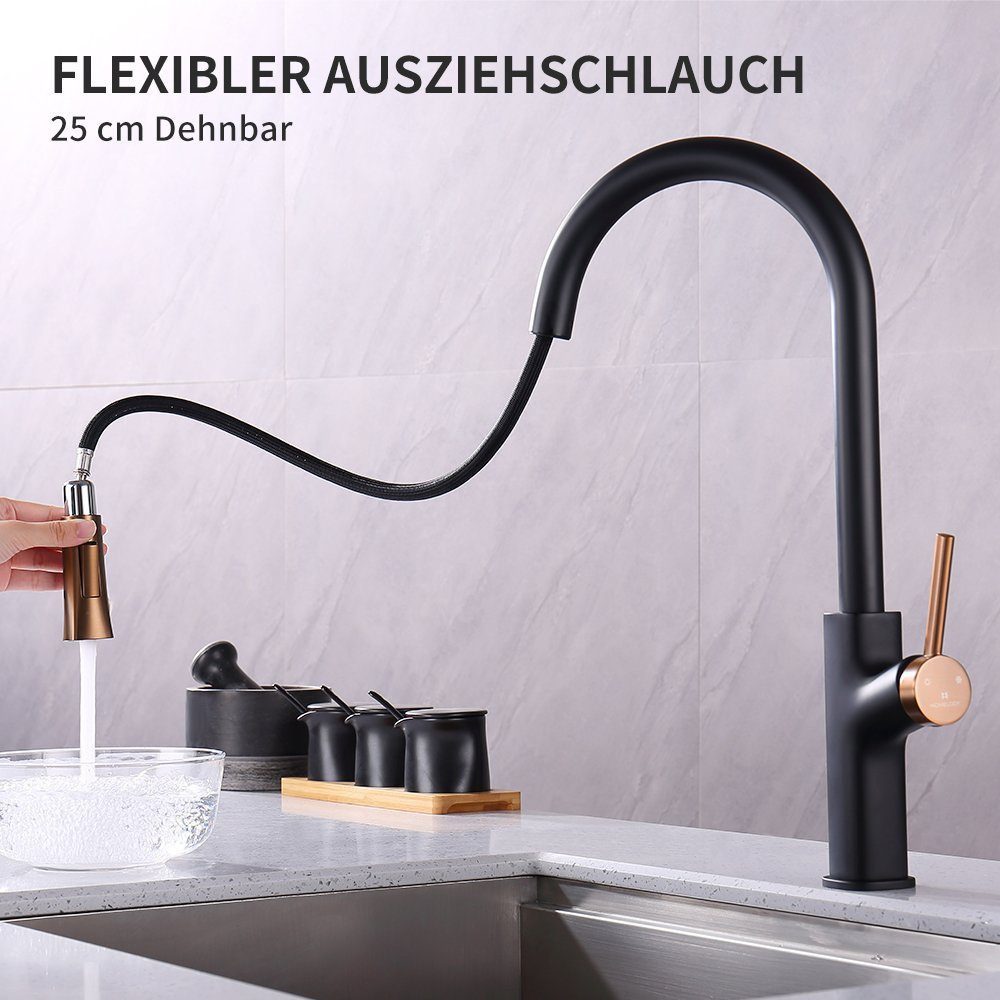 HOMELODY Küchenarmatur Wasserhahn Küche 2 Strahlart Spültischarmatur Hochdruck Mischbatterie Ausziehbare Küchenarmatur, Schwarz gebürstet und vergoldet