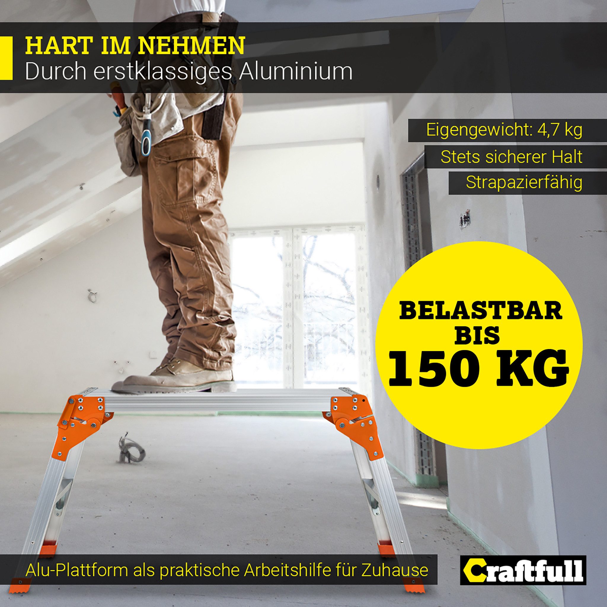 Craftfull Arbeitsplattform Aluminium 3 Jahre Garantie Arbeitspodest klappbar (Haushaltsleiter, Stehleiter, Leiter aus Alu, Leiter, Trittleiter, Klappleiter, Multifunktionsleiter, Sicherheitsleiter, Arbeitsplattform, Gerüst, Anti-Rutsch, Sicherheitsbügel, klappbare Standfüße), Arbeitshilfe Arbeitsbühne für Haus Garten Werkstatt Werkzeug